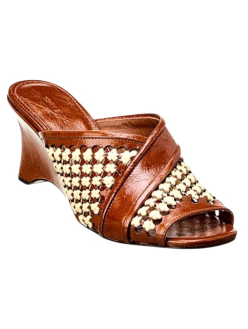 Tory Burch Woven Raffia & Brown Leather Wedge Sandals Size 6